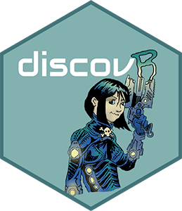 discovr package hex sticker, female space pirate with gun. Gunsmoke forms the letter R.